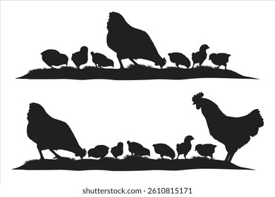 Vector silhouette of chicken and chicks looking for food
