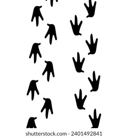 Vector silhouette of chicken footprints on white background. Animal paw pattern. The soles of the bird's feet are black