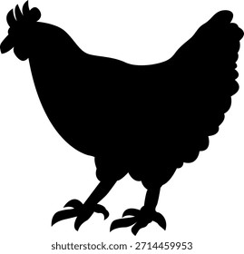 Silueta de pollo negro aislado en el fondo blanco, diseño plano limpio perfecto para logotipos, iconos, marca de la granja, gráficos de aves de corral, empaquetado, pegatinas, Clipart y creat agrícola o relacionado con alimentos