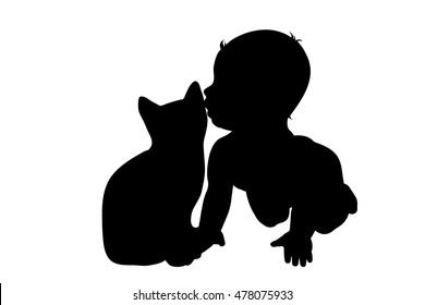 Vector silhouette of child with cat on white background.