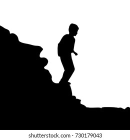 Vector silhouette of child a climbing on a rock on a white background.