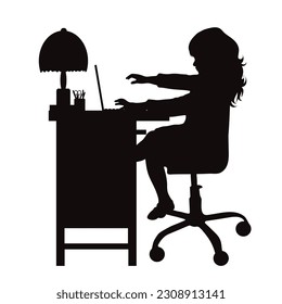 Vector silhouette of child with computer on white background.