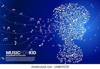 Vector silhouette of child from dancing flow shape music note . Concept background  music for kid and children..