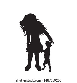 Vector silhouette of child with dog on white background. Symbol of friends, care, animal, girl.