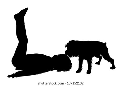 Vector silhouette of child with dog on a white background.