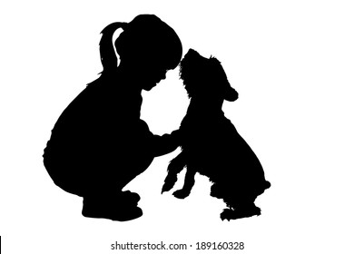 Vector silhouette of child with dog on a white background.