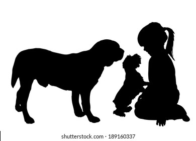 Vector silhouette of child with dog on a white background.