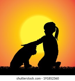 Vector silhouette of child with dog at sunset.