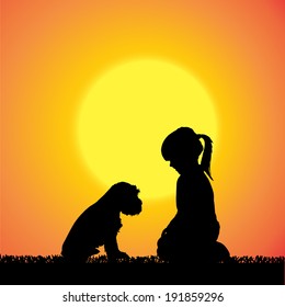 Vector silhouette of child with dog at sunset.