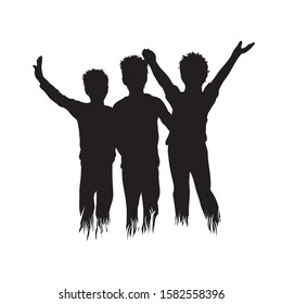 Vector silhouette of child friends in the grass on white background. Symbol of boy, brother, family, friends, infant, childhood, nature, park, garden, school.