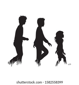 Vector silhouette of child friends in the grass on white background. Symbol of boy, brother, family, friends, infant, childhood, nature, park, garden, school.