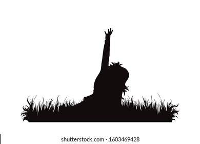 Vector silhouette of child in the grass on white background. Symbol of girl, play, game, alone, infant, childhood, nature, park, garden.
