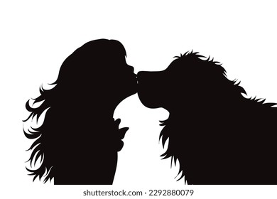 Vektorsilhouette des Kindes mit ihrem glücklichen Hund auf weißem Hintergrund. Symbol von Haustier und Hund.