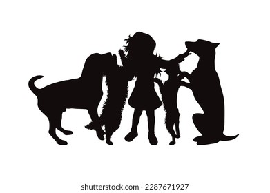 Vector silhouette of child with his group of happy dogs on white background. Symbol of pet and canine.