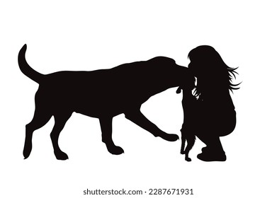 Silueta vectorial de niño con su grupo de perros felices de fondo blanco. Símbolo de mascota y canino.
