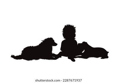 Vector silhouette of child with his group of happy dogs on white background. Symbol of pet and canine.