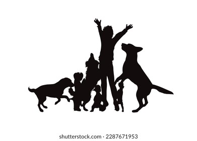 Silueta vectorial de niño con su grupo de perros felices de fondo blanco. Símbolo de mascota y canino.