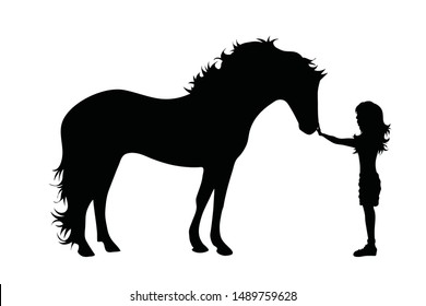 Vector silhouette of child with horse on white background. Symbol of friends,care, animal, girl.