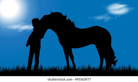 Vector silhouette of child with horse on a meadow.