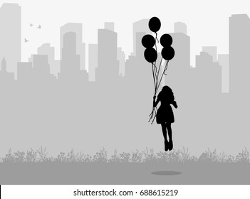 Vector, silhouette of a child jumping with balls on a city background