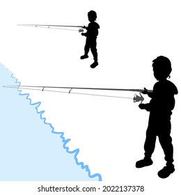 Vector Silhouette Of A Child Little 4 - 5 Year Old Fishing Boy With A Spinning Rod Stands On The Shore Of A Pond, Isolated On A White Background