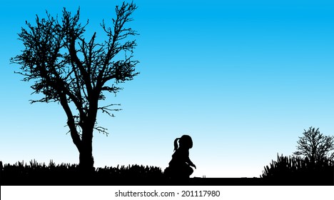 Vector silhouette of child in nature along the beautiful days.