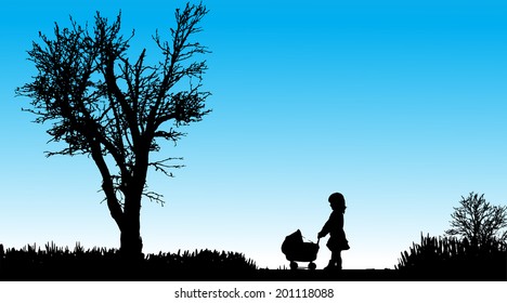 Vector silhouette of child in nature along the beautiful days.