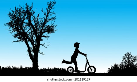 Vector silhouette of child in nature along the beautiful days.