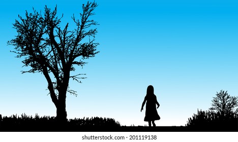Vector silhouette of child in nature along the beautiful days.