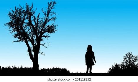 Vector silhouette of child in nature along the beautiful days.