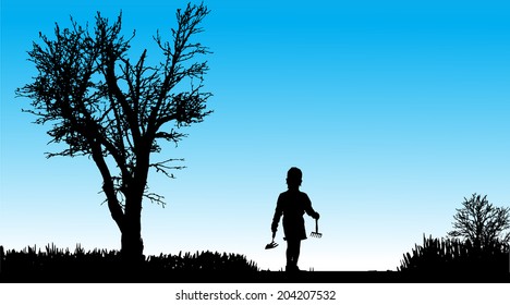 Vector silhouette of child in nature along the beautiful days.