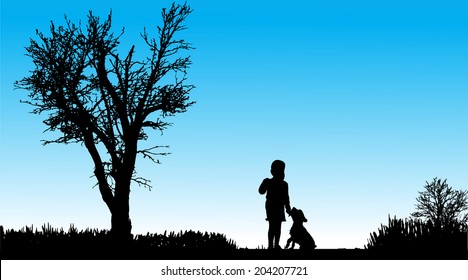 Vector silhouette of child in nature along the beautiful days.