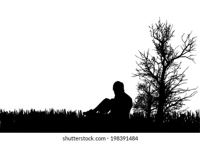 Vector silhouette of child in nature on white background.