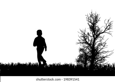 Vector silhouette of child in nature on white background.