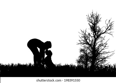 Vector silhouette of child in nature on white background.