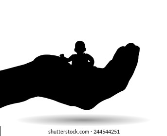 Vector silhouette of a child on palm on white background.