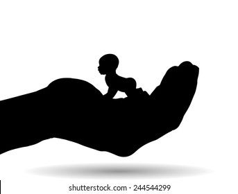 Vector silhouette of a child on palm on white background.