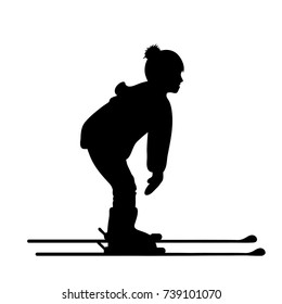 Vector silhouette of child on ski on white backgorund.