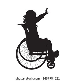 Vector silhouette of child on wheelchair on white background. Symbol of disabled, handicap,accident, injured,girl.