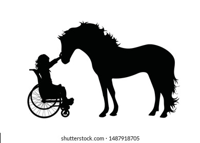 Vector silhouette of child on wheelchair with horse on white background. Symbol of disabled, handicap,accident, injured,girl,animal.