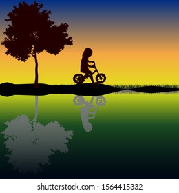 Vector of Silhouette child playing Balance bike in park at sunset with silhouette reflection.