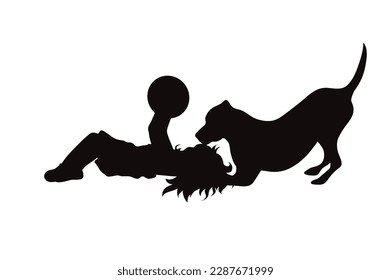 Vector silhouette of child playing with her happy dog on white background. Symbol of pet and canine.