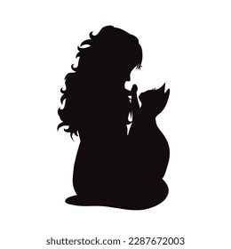 Silueta vectorial de niño jugando con su gato sobre fondo blanco. Símbolo de mascota y canino.