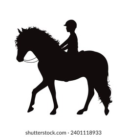 Vector silhouette of child riding a horse on white background. Symbol of animal and horse riding.