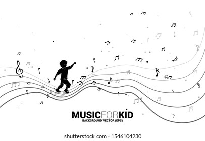Vector silhouette of child running with dancing flow shape music note . Concept background  music for kid and children.