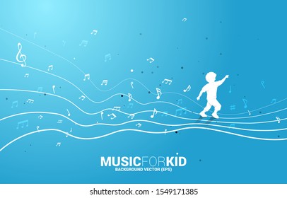Silueta de Vector de niño corriendo con la nota de música de la forma del flujo de baile . Concepto de música de fondo para niños y niños.