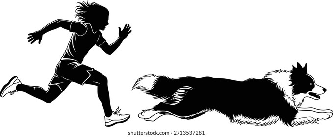 Vector Silhouette of Child Running with Dog, Fun Outdoor Activity Scene, Pet and Kid Playing Together, Energetic Motion Illustration for Active Lifestyle