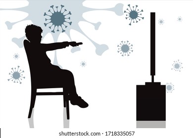 Vector silhouette of a child sitting in front of the television with a spread of bacteria background. Quarantine symbol and stay home.