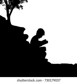 Vector silhouette of child sitting on a rock and read book on a white background.