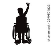 Vector silhouette of a child sitting in a wheelchair on a white background. Symbol of cry and angry.
